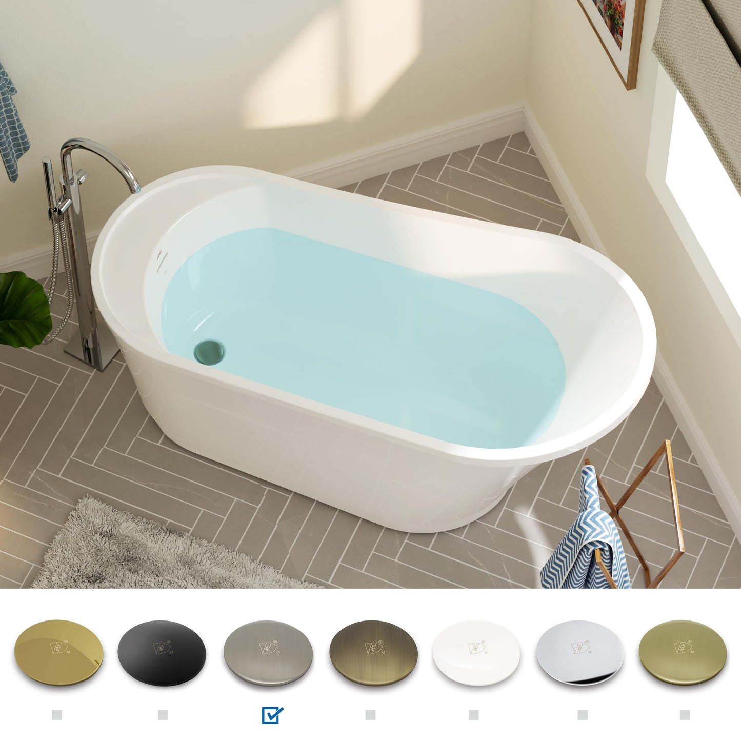 FerdY Langkawi 59" Acrylic Freestanding Bathtub, White Modern Stand Alone Soaking Bathtub, cUPC Certified, Brushed Nickel Drain and Minimalist Linear Design Overflow Included, Easy to Install
