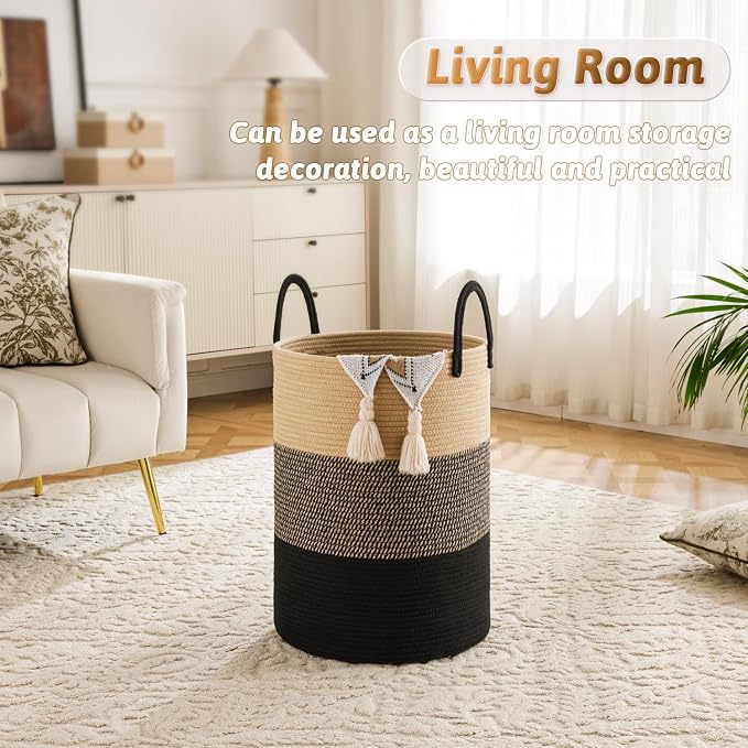 Artfeel Laundry Basket,Woven Cotton Rope Laundry Hamper,100L for Decorative Storage of Dirty Clothes,Toys and Blankets in Bathroom,Bedroom and Living Room