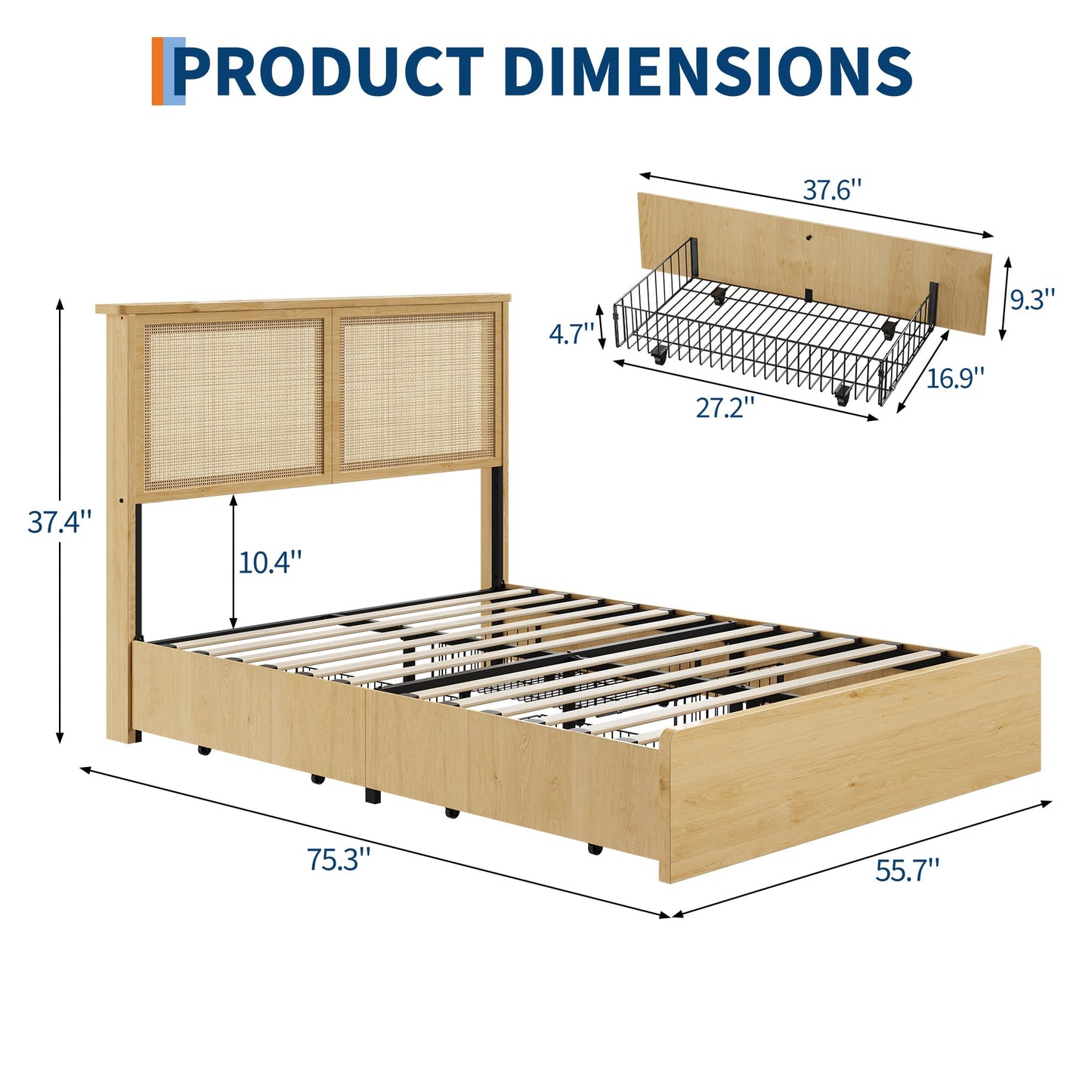 IDEALHOUSE Rattan Full Bed Frame with 4 Storage Drawer, LED Lights & Natural Rattan Headboard, Wood Full Size Bed Frame with Sturdy Wood Foundation, No Box Spring Needed, Natural