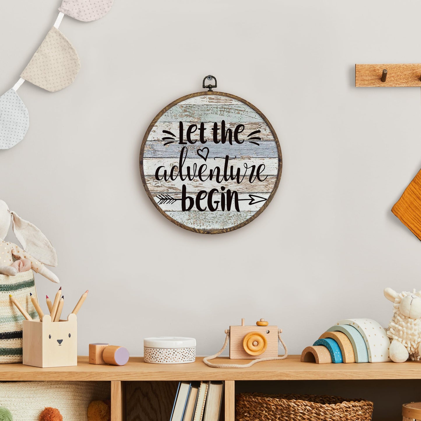 KFXHANGD Let the Adventure Begin Round Wall Art Framed, Camping Canvas Wall Art Decor, Adventure Wall Decor, Camper Gifts, Rustic Campsite Hanging Wall Decor for Bathroom Living Room, 10x10inch