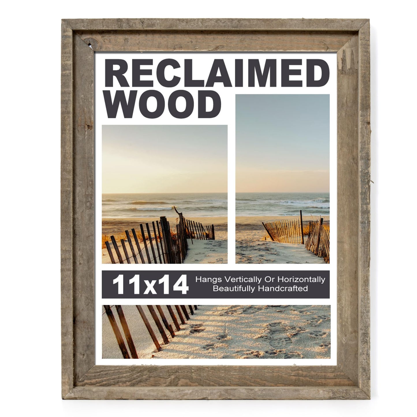 FLYJOE Rustic 11x14 Picture Frame, Reclaimed Barnwood Photo Frame with HD Tempered Glass, Distressed Family Art Gallery Corner, Horizontal and Vertical Wall Mounting Display with Hardware, Set of 1