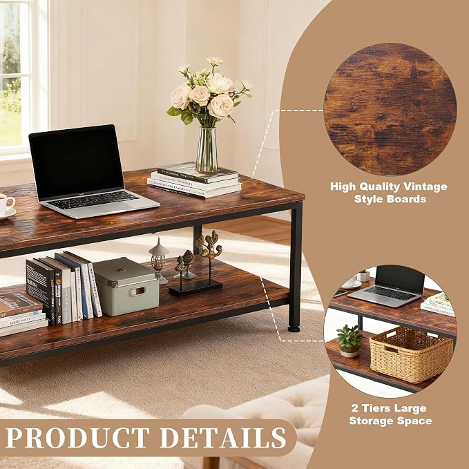 SUPER DEAL 2-Tier Coffee Table with Storage Shelf for Small Apartment Living Room, Rectangle Wood and Stable Metal TV Stand Side End Table, Rustic Brown