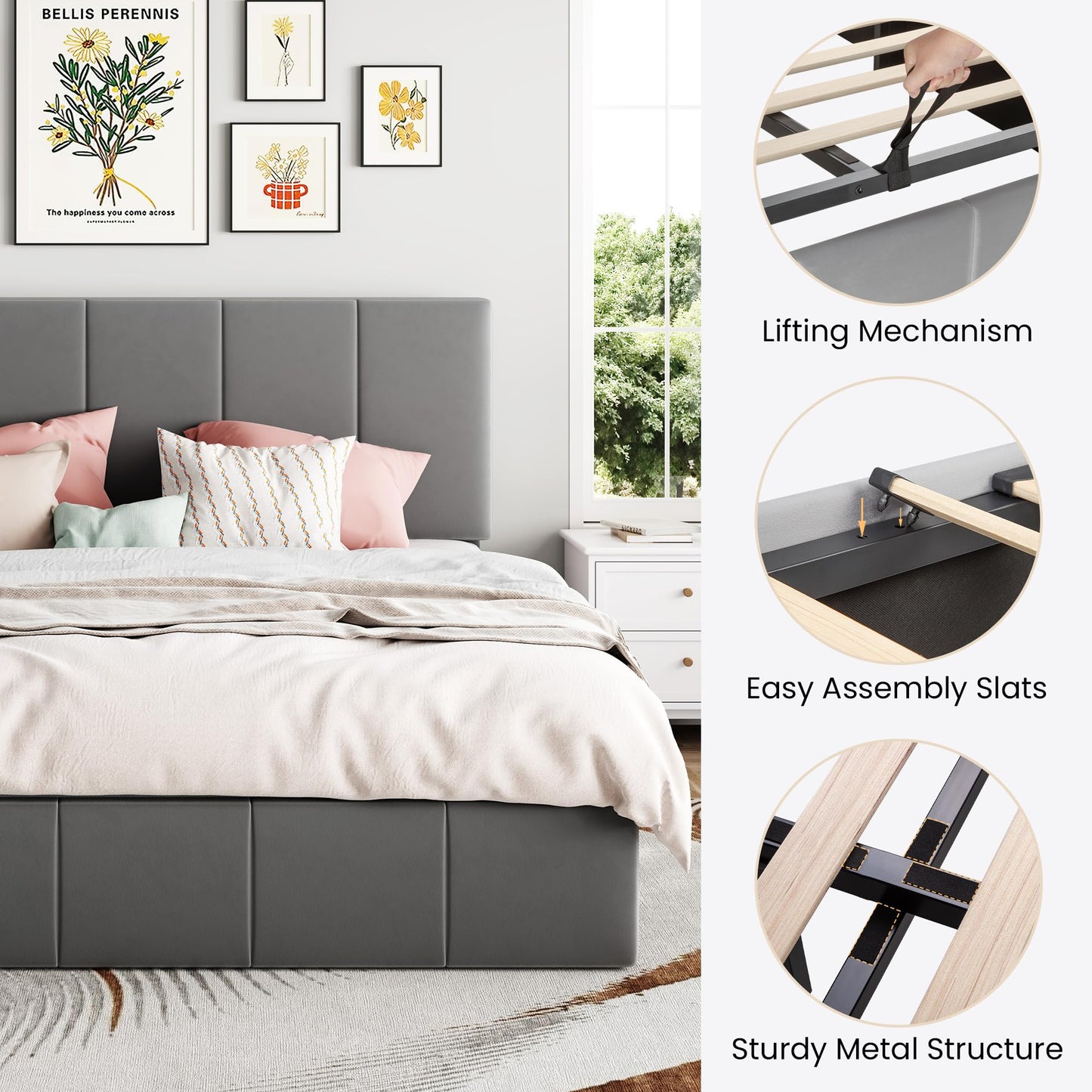 SHA CERLIN Queen Size Lift Up Storage Bed Frame, Adjustable Headboard, Hydraulic Support, Velvet Upholstered, Easy Installation, No Box Spring Needed, Gray