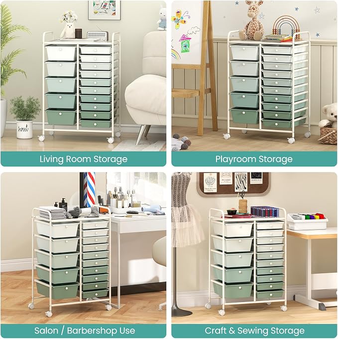 Giantex 15 Drawers Rolling Cart, Classroom Organizers, Storage Cart with Wheels, for Teacher Office Home School Supplies Tool Craft Art Paper, Green Gradient
