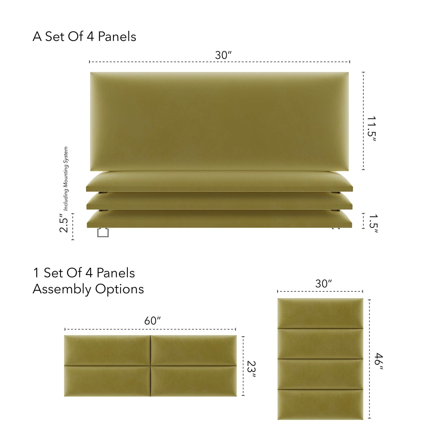Vänt Upholstered Wall Panels - Queen/Full Size Wall Mounted Velvet Headboards - Velvet Olive Moss - Set of 4 Panels (Each Individual Panel 30"x11.5")