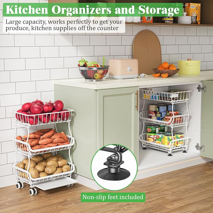 3 Tire Rolling Pantry Organizers and Storage Cart on Wheels | Metal Frame, Under Pantry Cabinet, Drip Tray, Storage for Snack, Potato, Onion, Produce, Can, Drink, Fruit and Vegetable