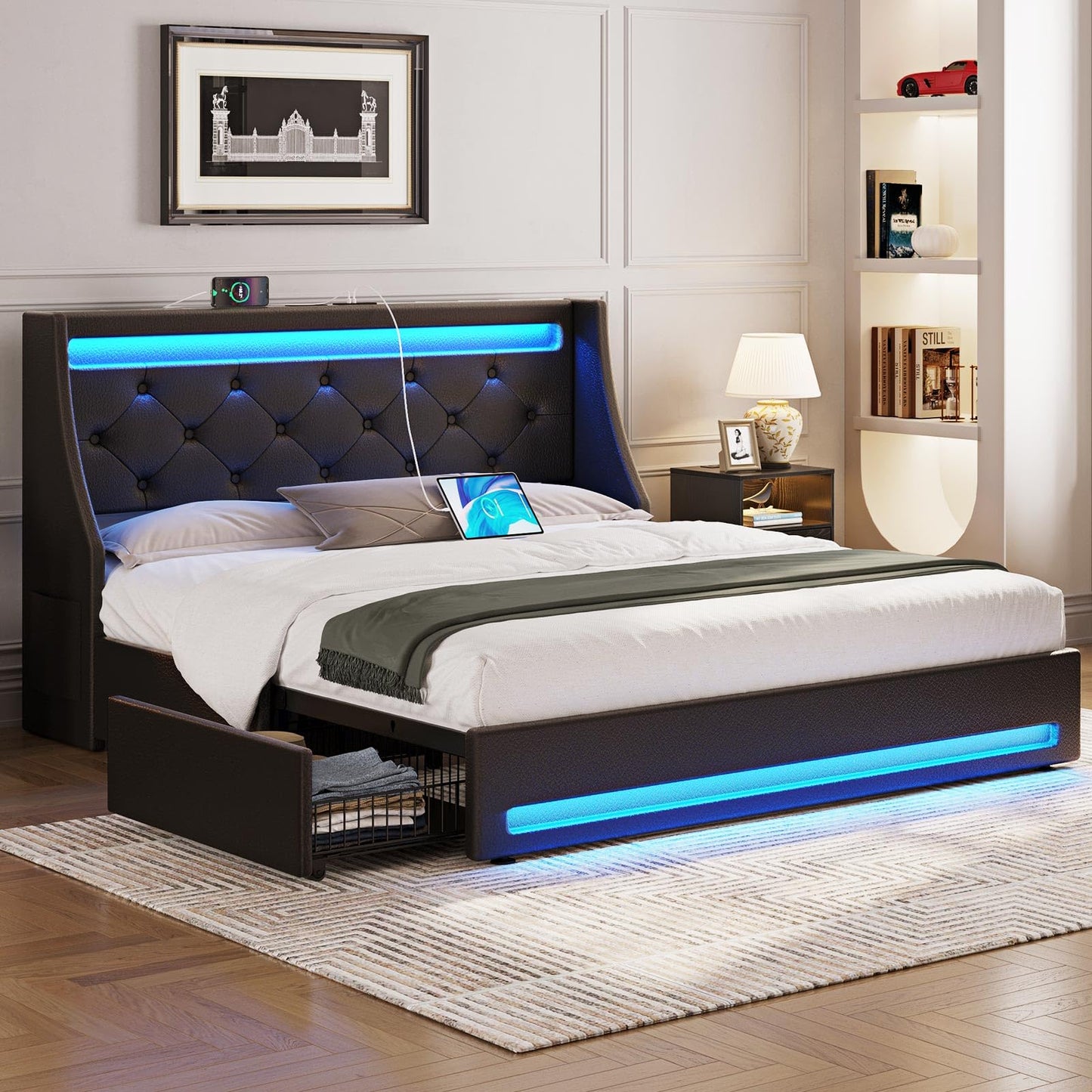 Rolanstar Queen Bed Frame with LED Lights and Charging Station, PU Leather Bed with Drawers, Wooden Slats, Noise Free, Easy Assembly, Black
