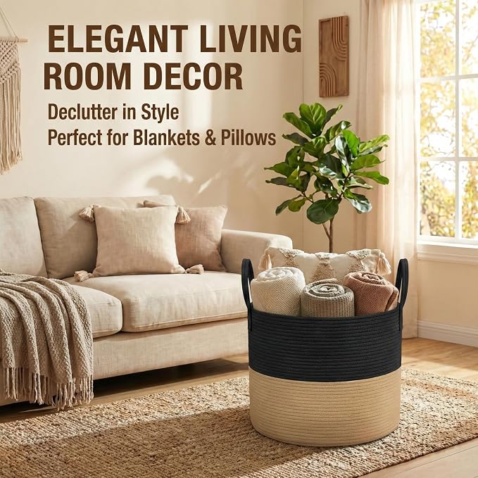JMvicyroam 115L Extra Large Blanket Basket for Living Room - Woven Cotton Rope Laundry Hamper with Reinforced Handles - Storage Bin for Pillows, Comforters & Toys - Machine Washable,Black&Jute
