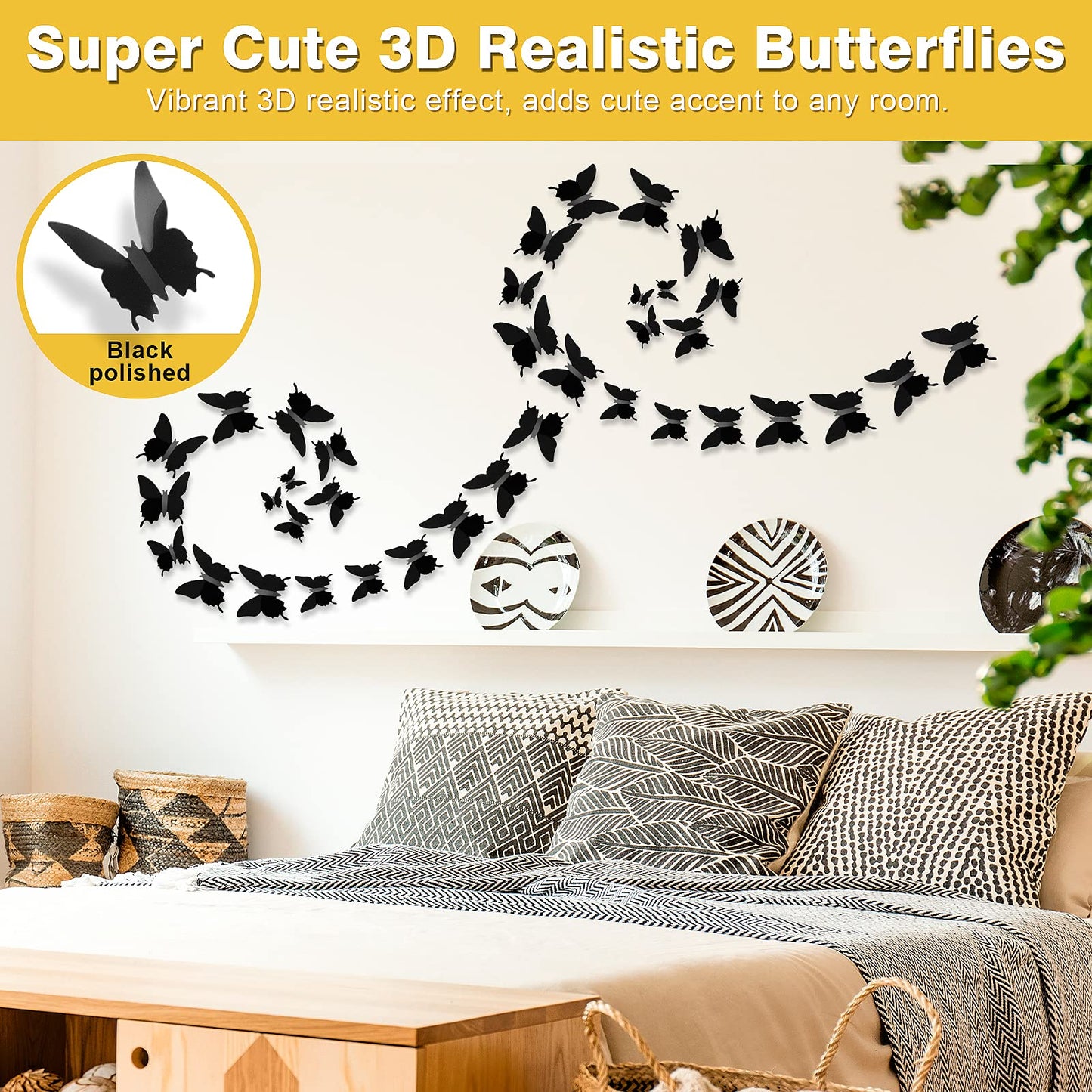 Ryangic 3D Butterfly Wall Decor 48pcs Black Polished Stickers 3 Sizes Durable Butterfly Decals DIY Wall Art for Bedroom Living Room Halloween Decoration Party Indoor (Black)