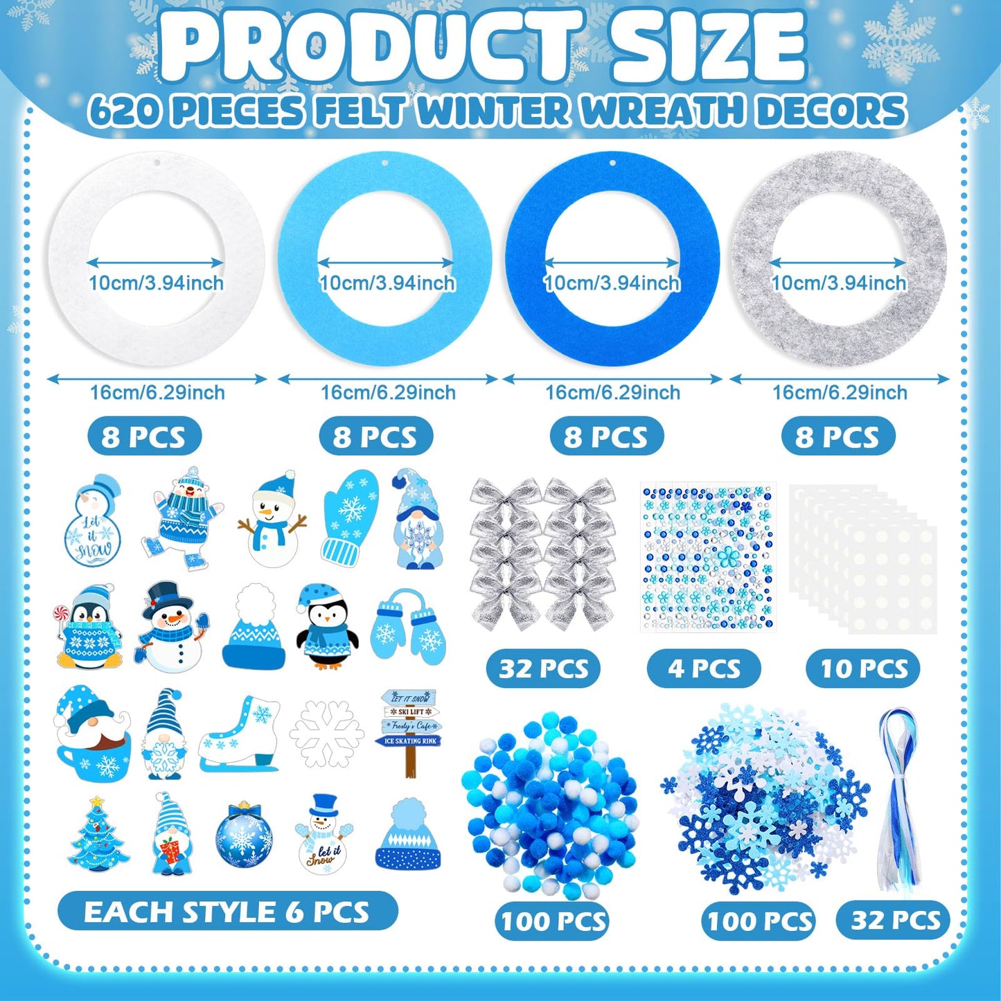 Moucuny 620/600 Pcs Winter Wreath Craft Kits DIY Snowman Christmas Wreath Crafts Kits Xmas Winter Home Decorations for Party Favors(Let It Snow,Dark Blue, Light Blue, White, Gray)