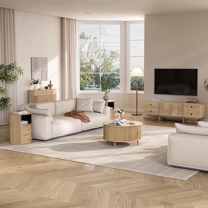 JOINICE,Round Coffee Table with Storage, 31.5" Natural Oak Fluted Center Table with Sliding Door, Modern Circle Drum Table for Living Room, Scandi Wood Furniture for Small Spaces