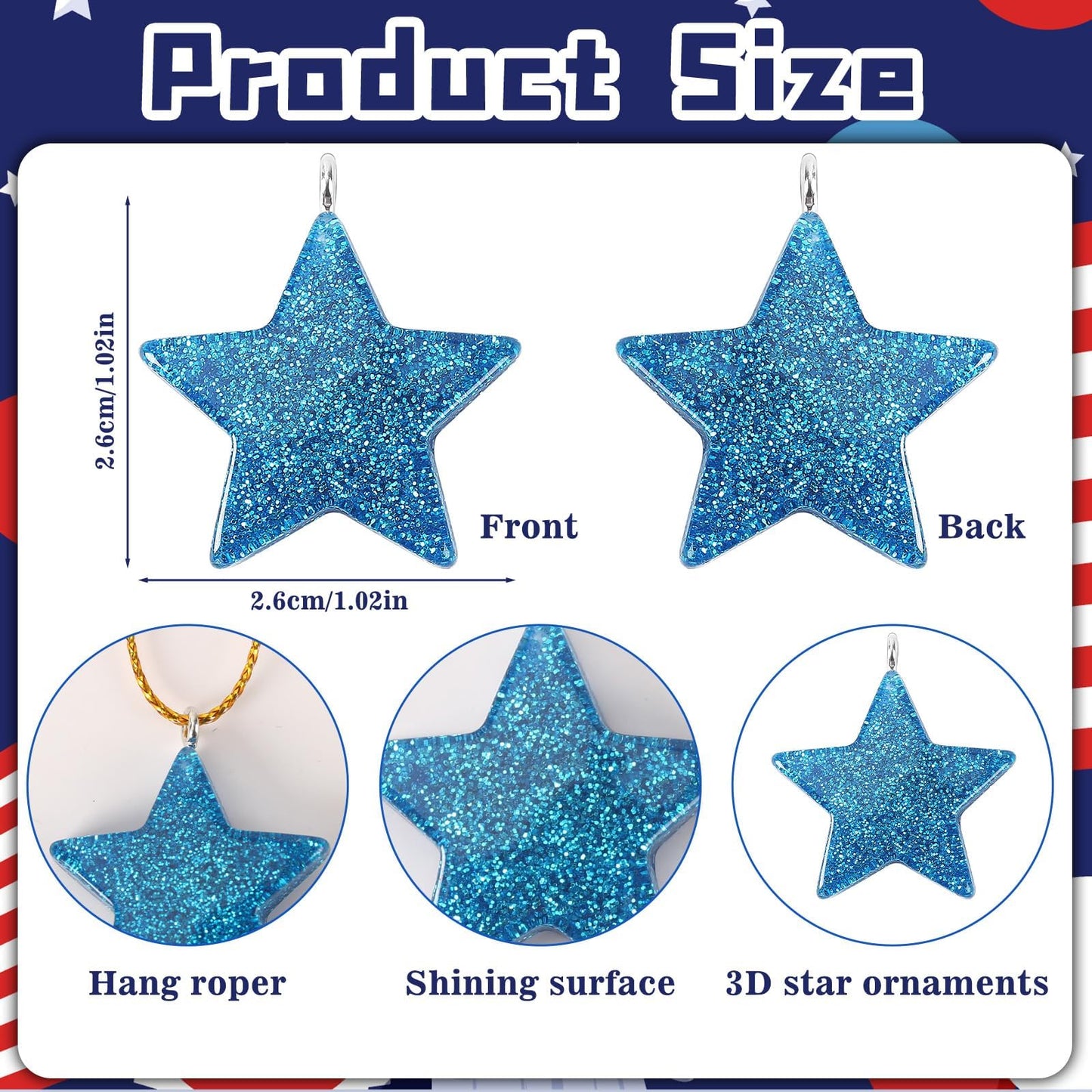 DTOFOOT 36PCS Mini Resin Patriotic Star Ornaments 4th of July Hanging Pendants for Small Tree Glitter Blue Red Star Charms with String for Memorial Day Independence Day 250th Anniversary Party Decor