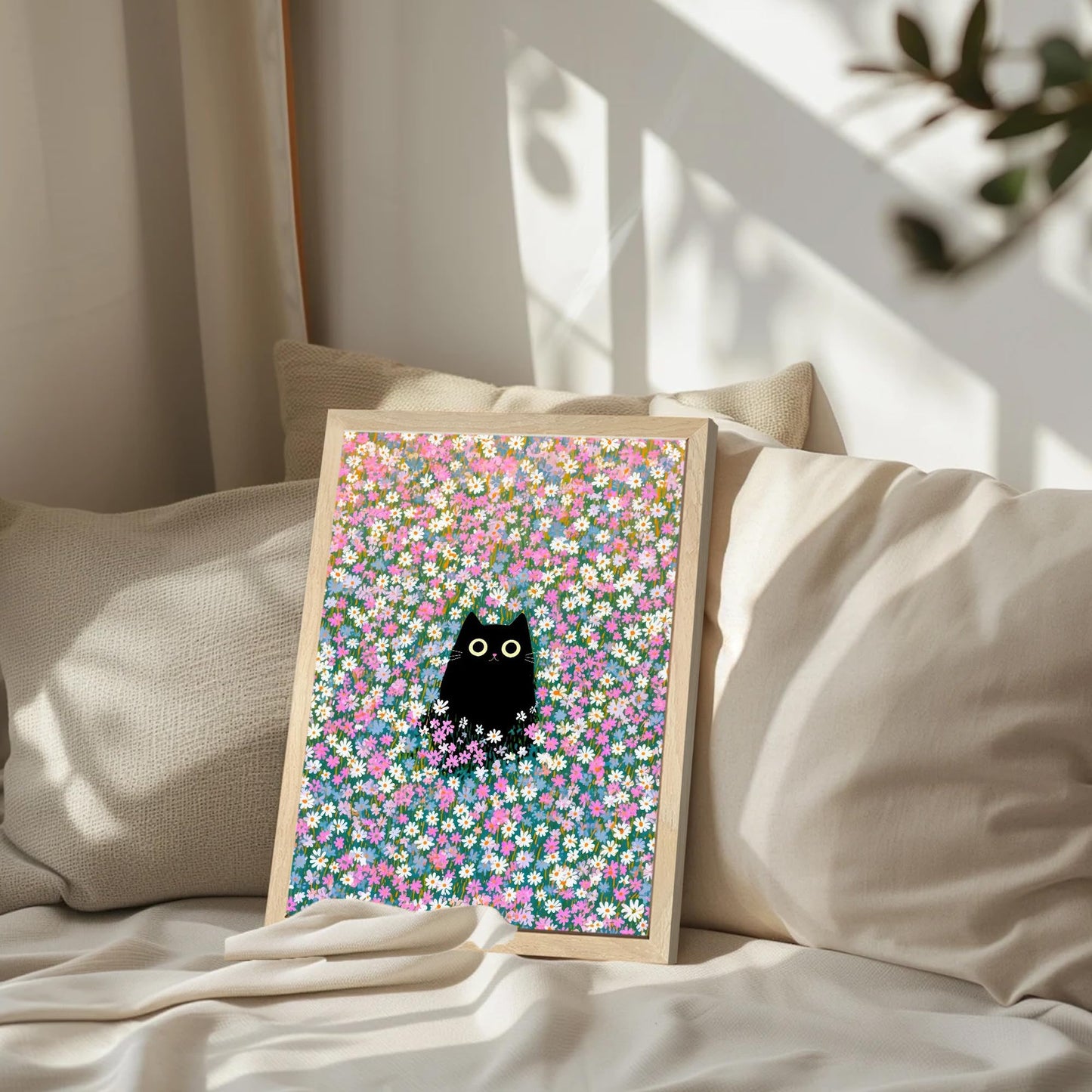 Apokiil Black Cat in Wildflower Field Wall Art - Cute Cat Floral Canvas Print, Poster for Bedroom Living Room Bathroom Wall Decor 24x 16In