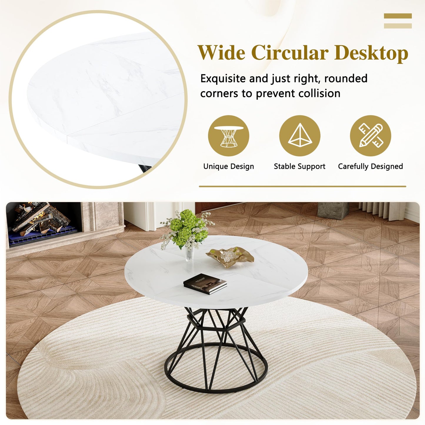 KEIKI Round Dining Table Set for 4, 47.3" White Faux Marble Kitchen Table with Black Metal Base & 4 White Gray PU Leather Chairs, Modern Industrial Dining Room Set with Gold Accent for Apartment