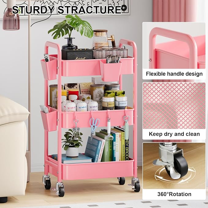 3 Tier Rolling Cart with Wheels, Metal Utility Storage Cart on Wheels, Craft Carts Organizer with Hanging Cups, Hooks, Three Tiered Rolling Carts for Bathroom, Laundry Room, Nursery, Office, Pink