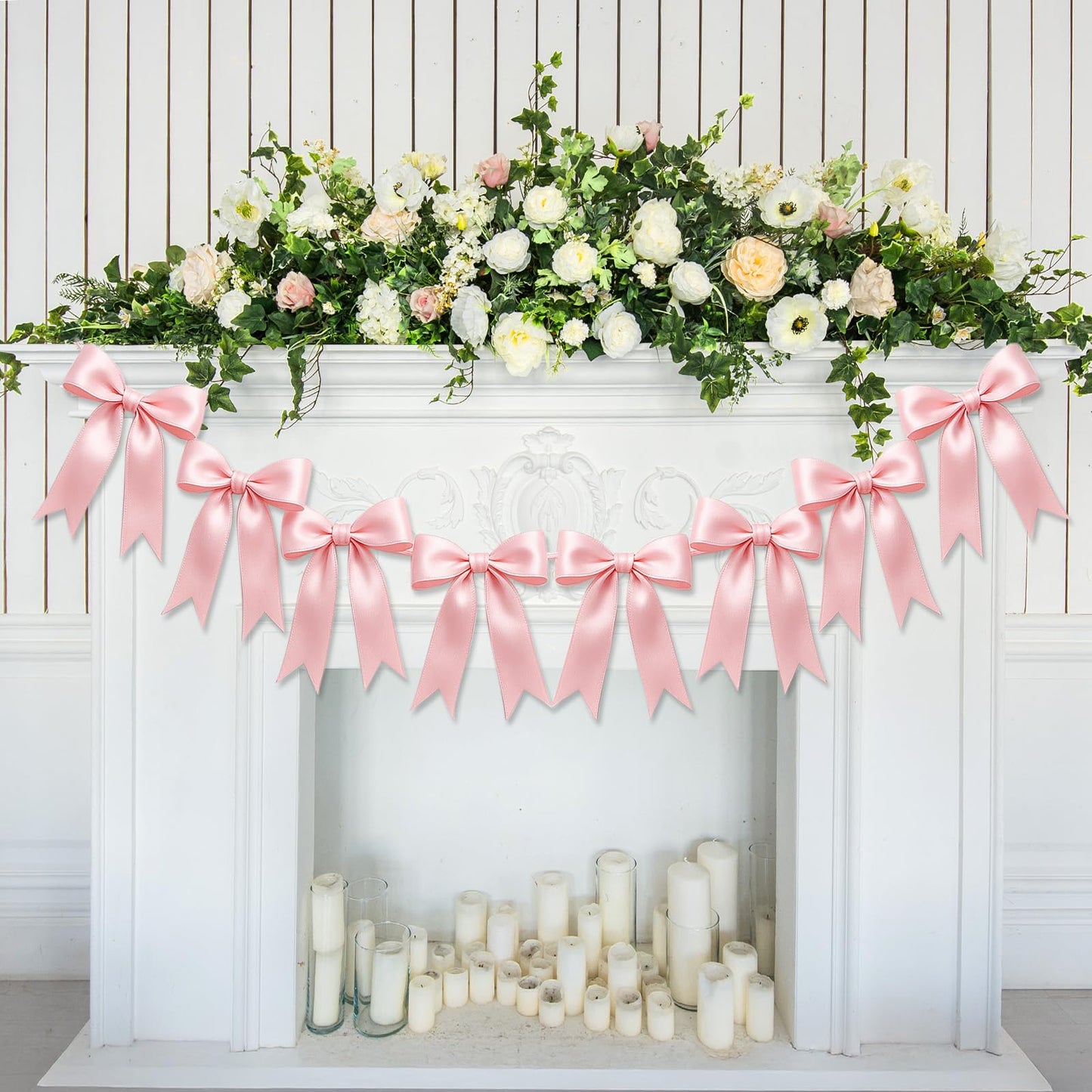 2 Strings of 16PCS Pink Bow Garland Banner Decoration,Pre-Strung Satin Ribbon Ornaments for Birthday,Bachelorette Party,Bridal Shower, Wedding,Engagement,Baby Shower, Graduation Deco,Anniversary