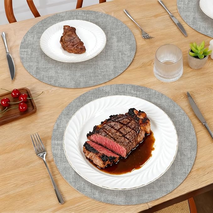 Maxpearl Round Placemats Set of 6, 13.8 inch Faux Leather Heat Resistant Table Mats, Non Slip Waterproof Wipeable Place Mats for Kitchen Dining Holiday Party Table Settings, Grey