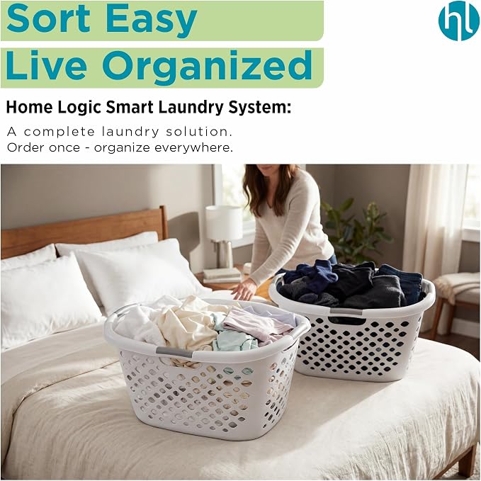 Home Logic 1.75 Bushel Plastic Laundry Basket with Hip Grip, Large Laundry Hamper with Handles, Ventilated Clothes Organizer for Bedroom Bathroom Closet, 2 Pack, White
