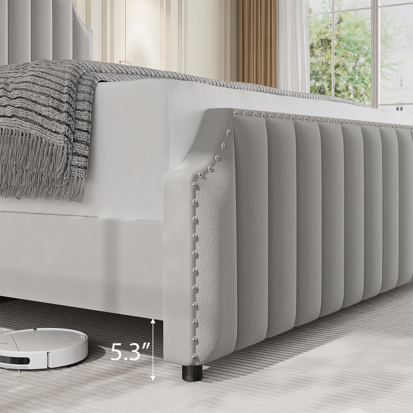 King Size Velvet Bed Frame, Vertical Channel Tufted 50.2 in Tall Headboard and Footboard with Nailhead Trim, Upholstered Platform Bed, Strong Wooden Slats, No Box Spring Needed, Easy Assembly, Grey