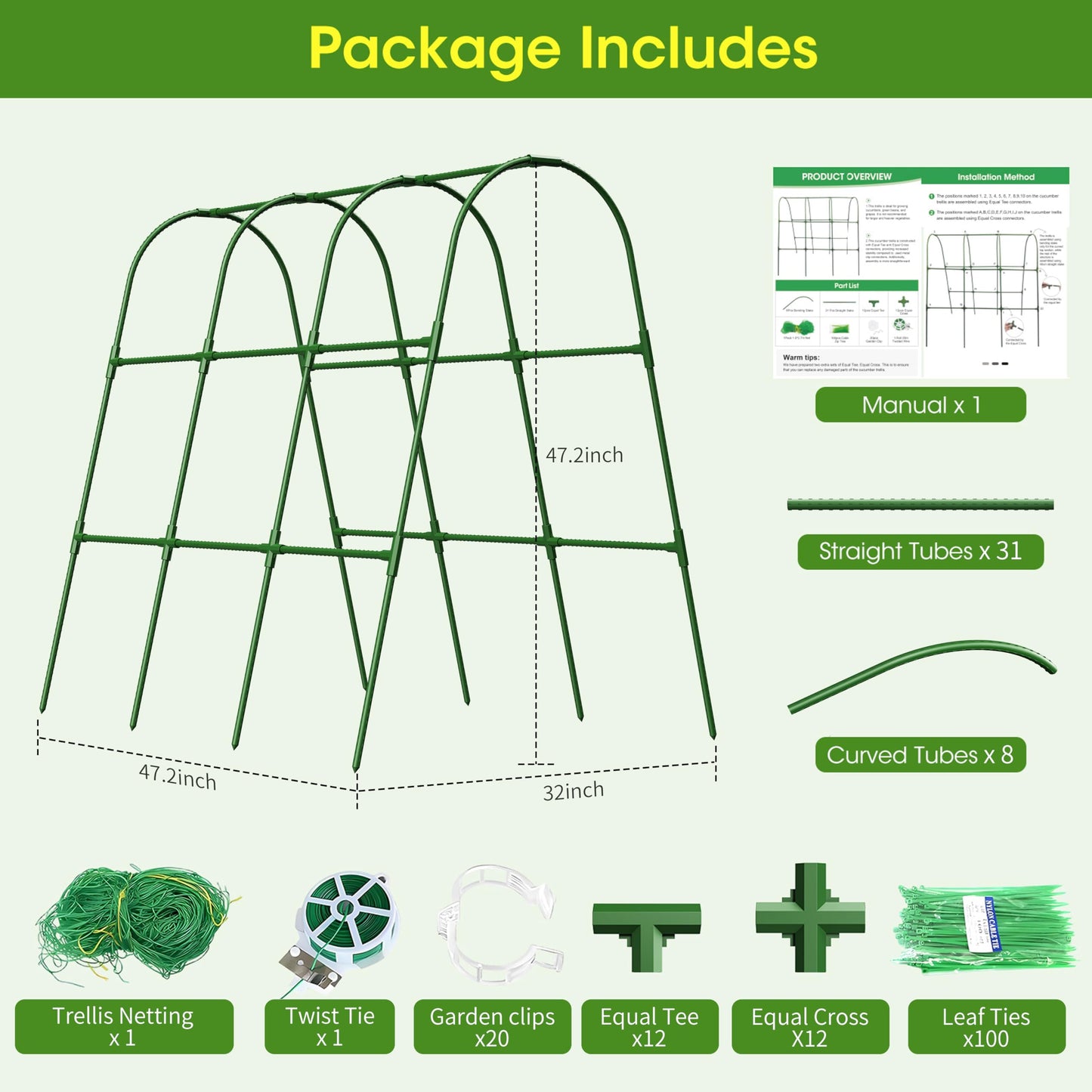MQHUAYU Cucumber Trellis for Raised Bed,U-Shape Garden Trellis for Climbing Plants Outdoor, Metal Arch Vegetables Trellis, Plant Support for Vine (Green, 47.2x47.2 X21.6)