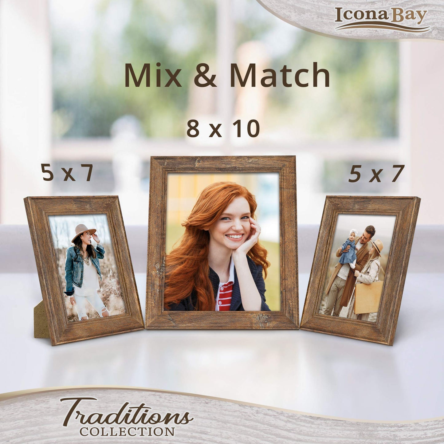 Icona Bay - 5x7 Chestnut Brown Picture Frame - Rustic Wood Pattern - Lightly Distressed Frame for Table Top Display or Wall Mount - Traditions Collection