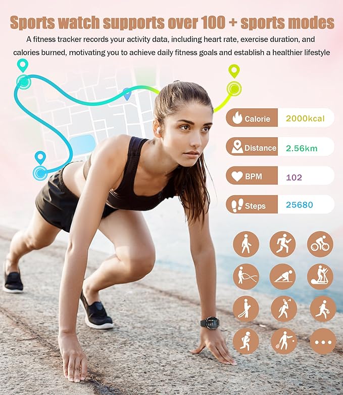Women's 2pc Band Sports Watch/Smart Watch 1.72" Fitness Tracker with Heart Rate Monitor, 100+ Sports Modes, Sleep Tracking, 7-Day Battery, IP68 Waterproof (Black)