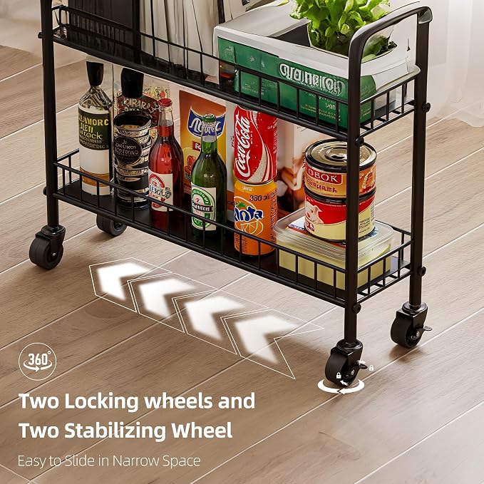 6-Tier Slim Storage Cart, Rolling Kitchen Cart with Wheels | Narrow Metal Shelf Organizer with Hooks for Kitchen, Bathroom, Living Room, Laundry, Small Spaces, Black, 6 in