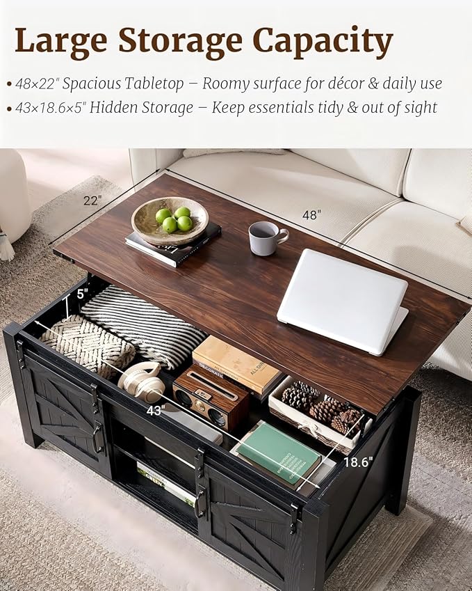OKD 48" Farmhouse Lift Top Coffee Table with Sliding Barn Door, Rustic Center Table w/Hidden Storage Compartment, Lift Tabletop Dining Table w/Adjustable Shelf for Living Room,Black & Walnut Oak