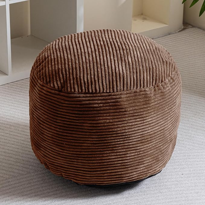 HIGOGOGO Round Stuffed Pouf Ottoman, Corduroy Poufs with Foam Chunk Filling, Furry and Fluffy Pouf Foot Stool Storage Ottoman, 26 X 18 Floor Poufs Foot Rest for Living Room, Brown