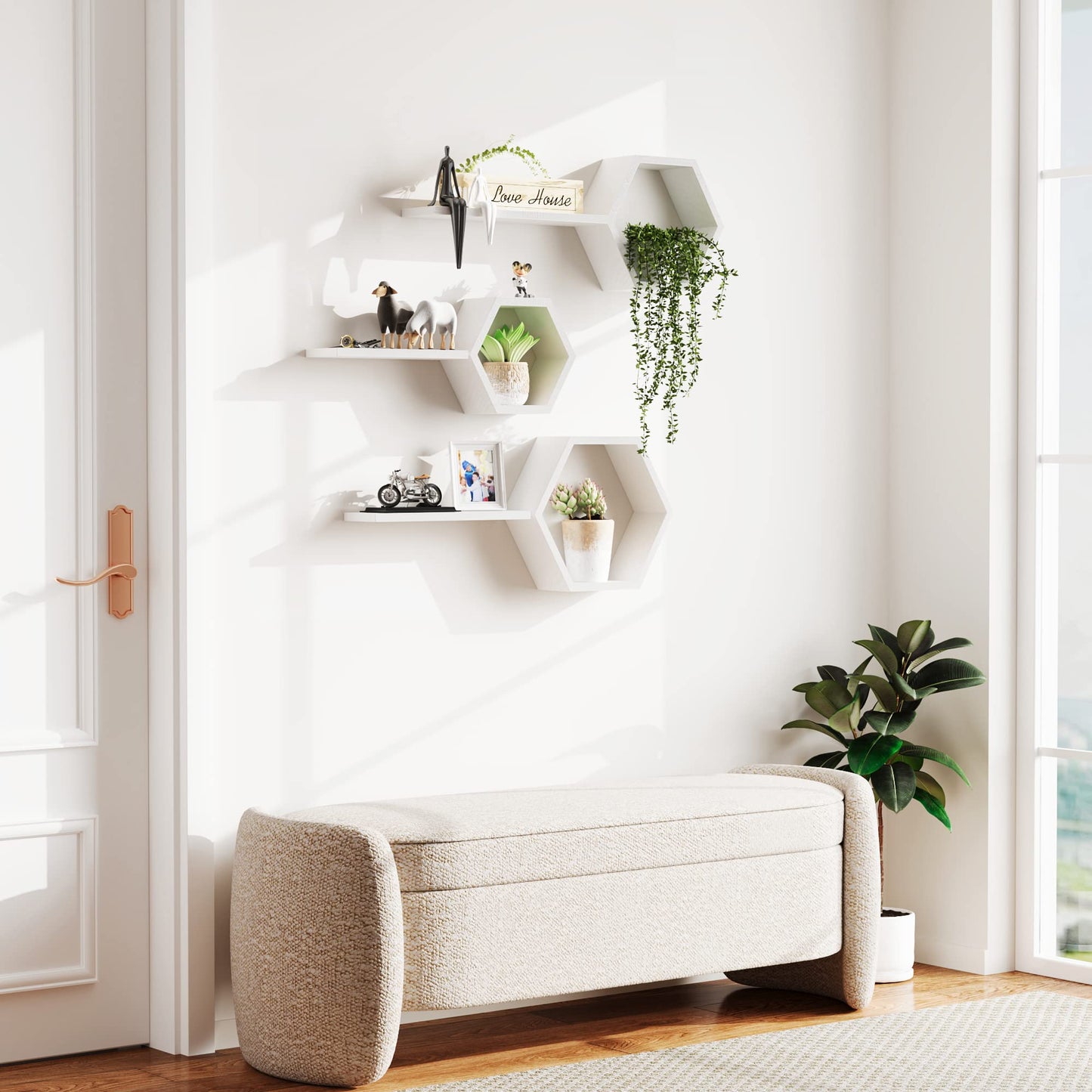 LUDORU Wooden Hexagon Floating Shelves Wall Mounted - Set of 6 Pine Wood Hexagon Shelves Display for Photos,Plants,Rustic Honeycomb Shelves for Living Room, Bedroom,Bathroom, Kitchen, Office, White.