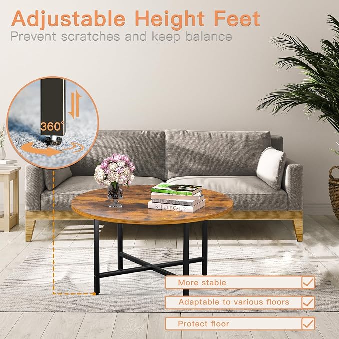 FAMIDGE Round Coffee Table, 23.6" Small Coffee Tables for Living Room, Circle Coffee Table with Metal Frame, Floor Table Desk for Sitting on The Floor, Home, Office, Rustic Brown