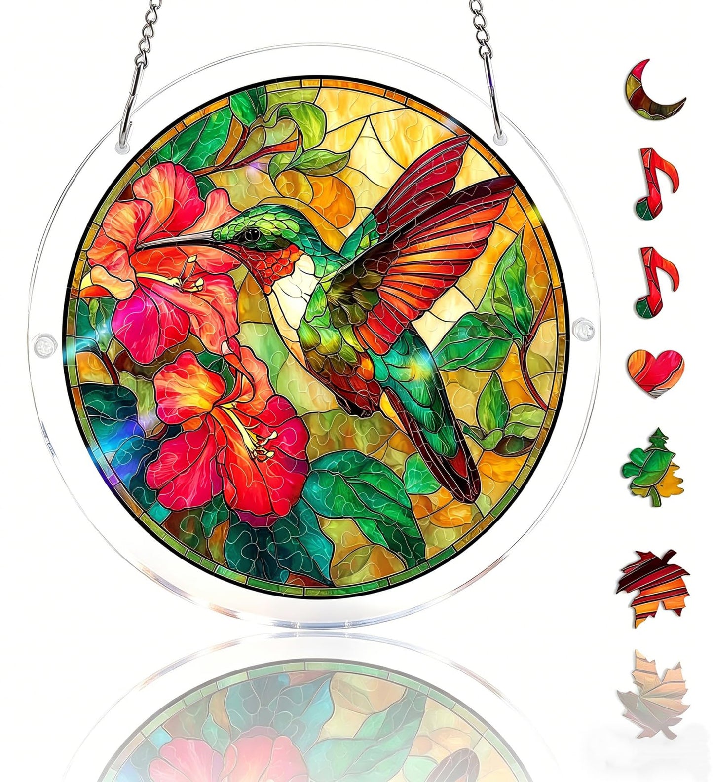 FINEED Acrylic Jigsaw Puzzle Suncatcher, 83 Pcs Stained Glass Window Hanging, Emerald Flame Hummingbird DIY Sun Catcher with Metal Chain, Garden Home Decor, Creative Gift for Women Mom Wife Grandma