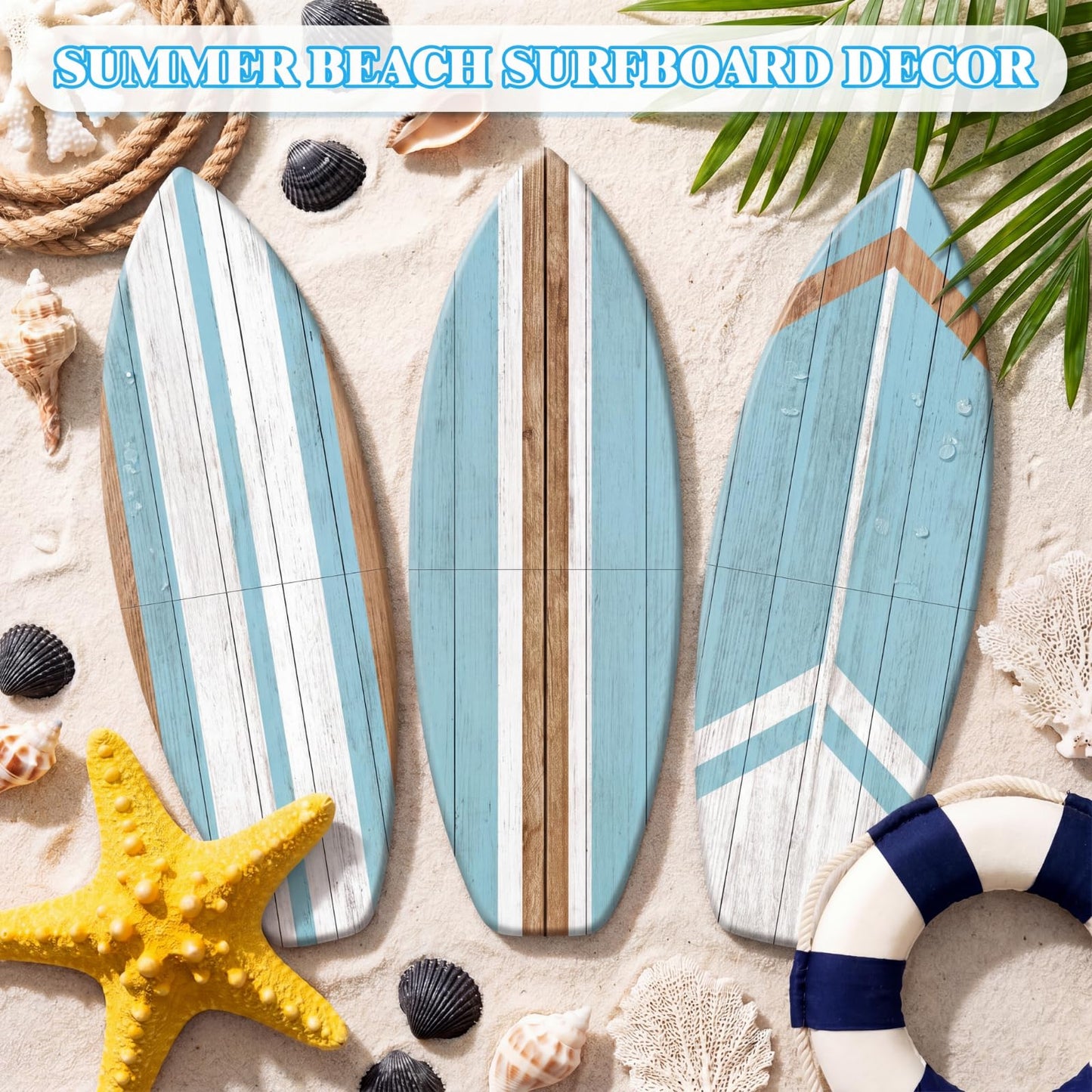 Yookeer 3 Pcs Surfboard Wall Decor,36" x 12" Large Wooden Surfboard Wall Art Set, Beach Room Decor Aesthetic Cute Beachy Tropical Surf Board Art for Surfer Bedroom Decoration(Blue,Cute)