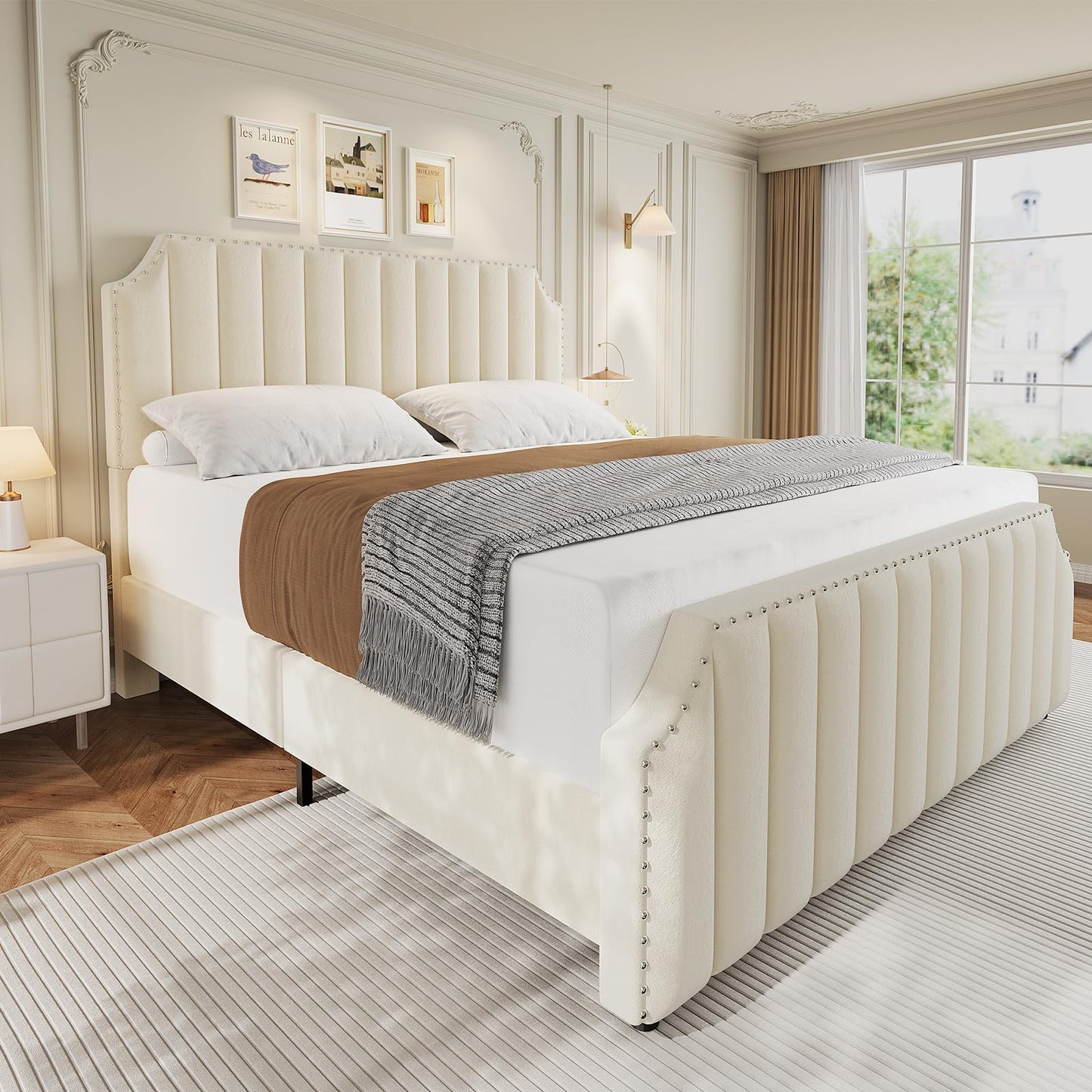 King Size Velvet Bed Frame, Vertical Channel Tufted 50.2" Tall Headboard and Footboard with Nailhead Trim, Upholstered Platform Bed, Strong Wooden Slats, No Box Spring Needed, Easy Assembly, Beige
