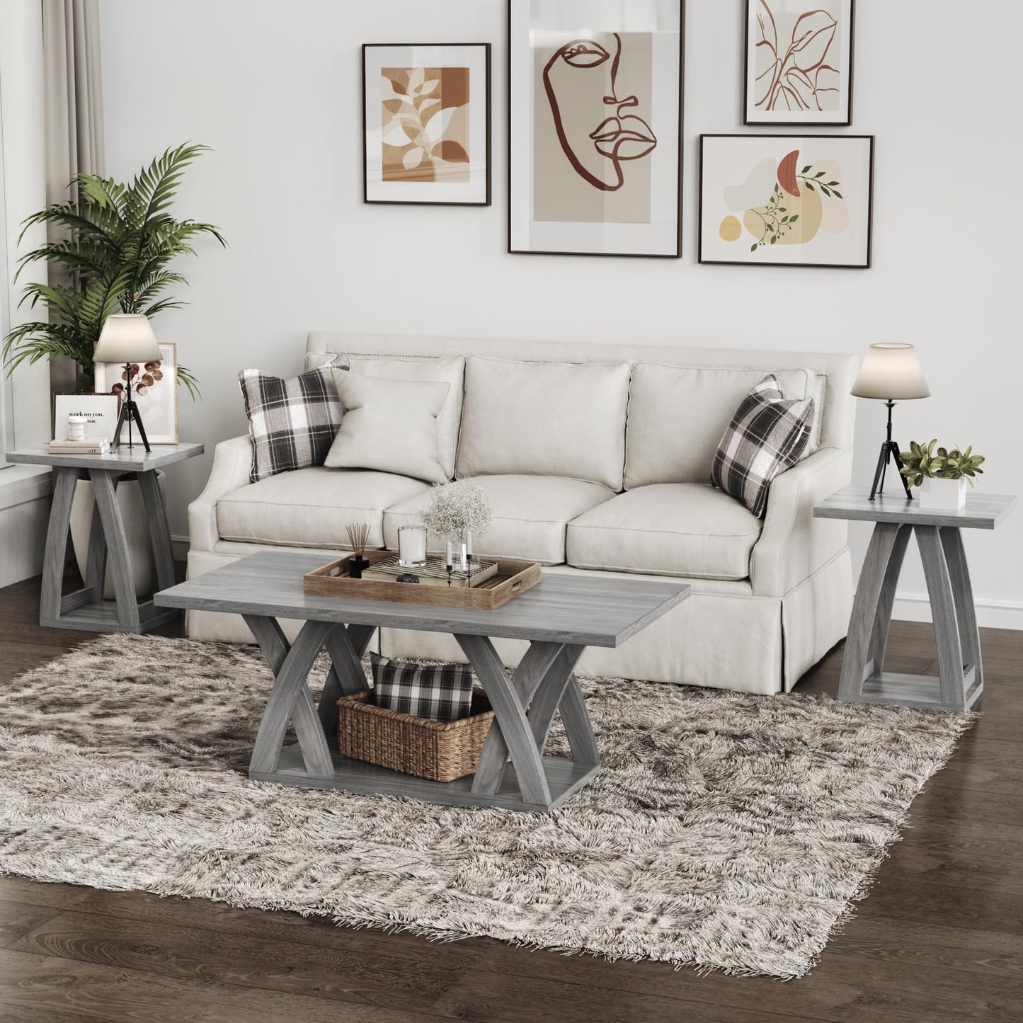 FROMJBEST End Tables Living Room, Side Table Beside Sofa, Nightstand for Bedroom, Couch Side Table with Shelf, Modern End Table for Living Room, Grey End Table