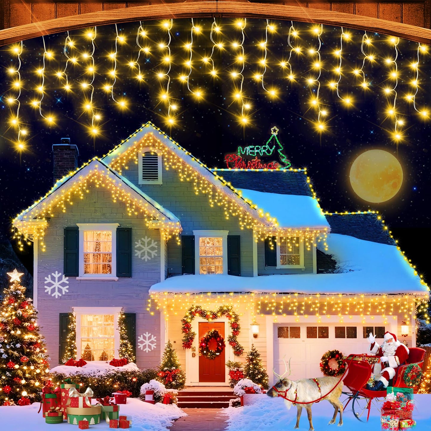 JREWDOIN 131FT Christmas Lights Outdoor 1440 LED Christmas Decorations Waterproof Plug in with 8 Modes & Timer Christmas Lights for Roof Party Garden Holiday Decor（Warm White）