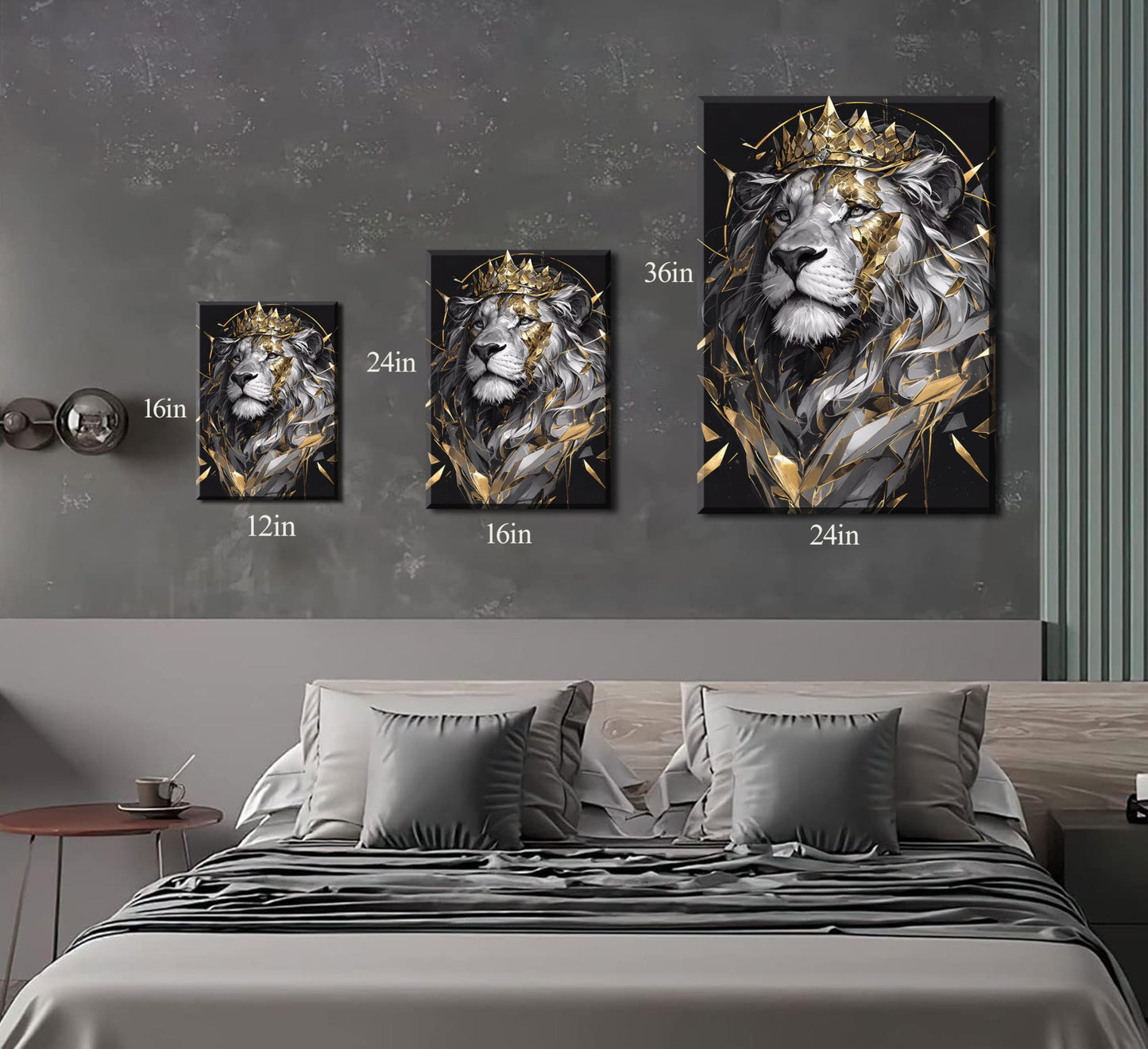 Lion King Canvas Wall Art Man's Cave Poster Prints Crown Lion Pictures Modern Abstract Black Gold Animal Painting Wall Decor Living Room for Men's Bedroom Office 12x16in Framed