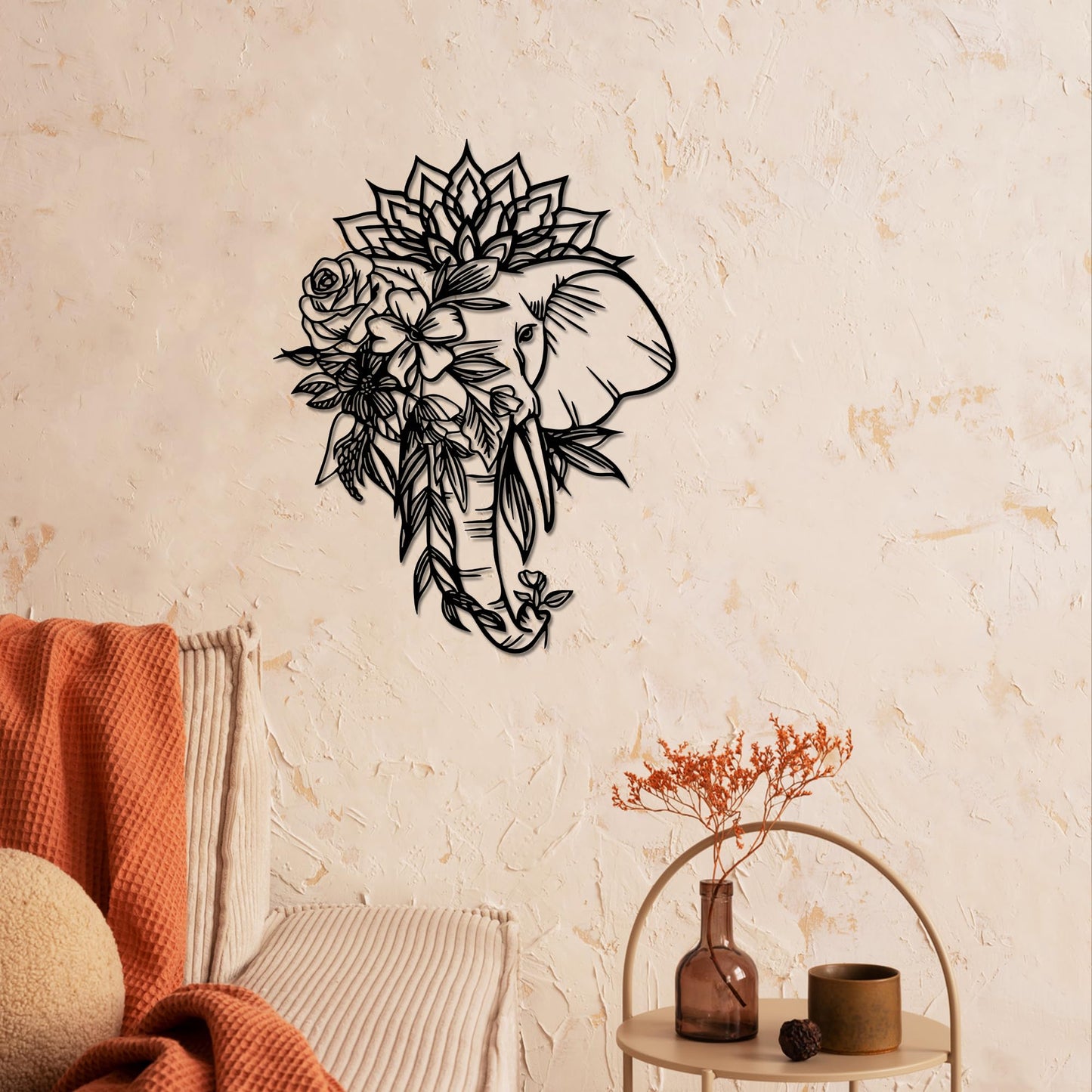 Rajukit Elephant with Lotus Metal Wall Art–Intricate Elephant Wall Decor–Indian-Inspired Hindu Decor for Living Room or Gifts