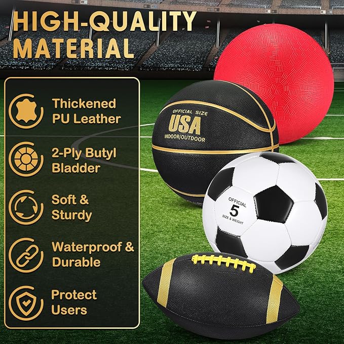 Deekin 8 Pcs Sports Balls Set for Adult Assorted Football Basketball Soccer Playground Balls Official Size with Bags Pumps Outdoor Sports Equipment Athletic Gift