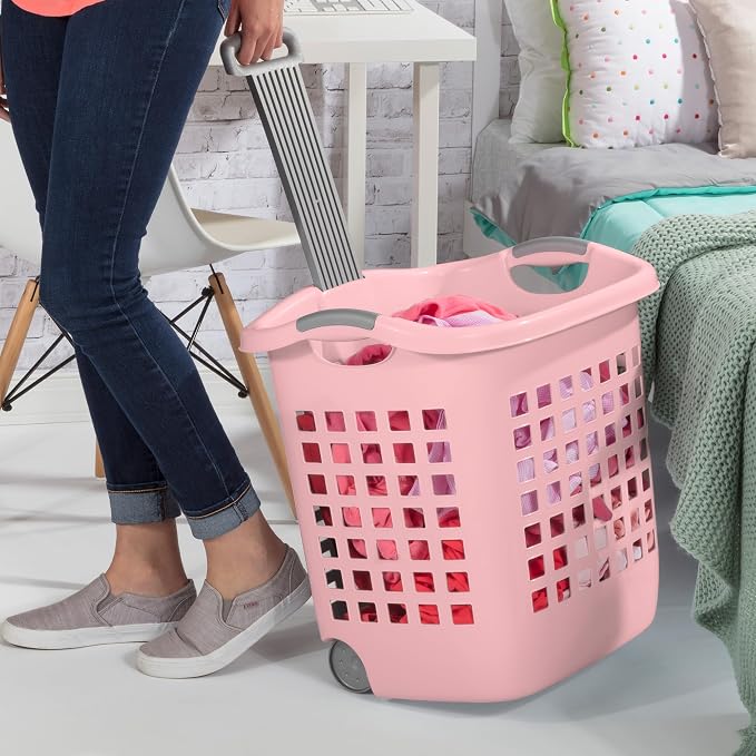 Sterilite 4 Pack Ultra Wheeled Laundry Basket, Plastic Clothes Hamper Bin with Wheels and Retractable Handle, 1.7 Bushel Capacity, Pink Frost