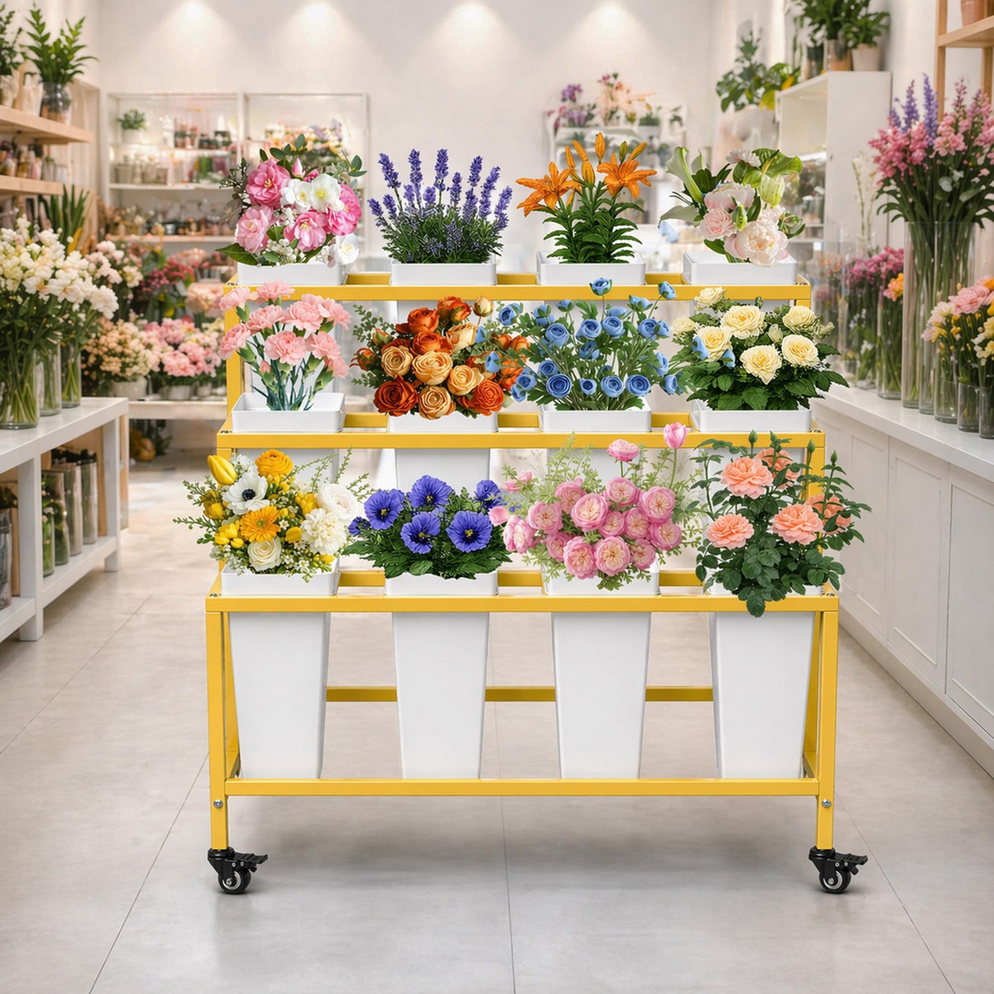PROLEE Flower Display Stand with 12 Buckets, 3 Layers Flower Cart , Metal Flower Stand with Wheels, Moving Florist Bouquet Shelf, Gold