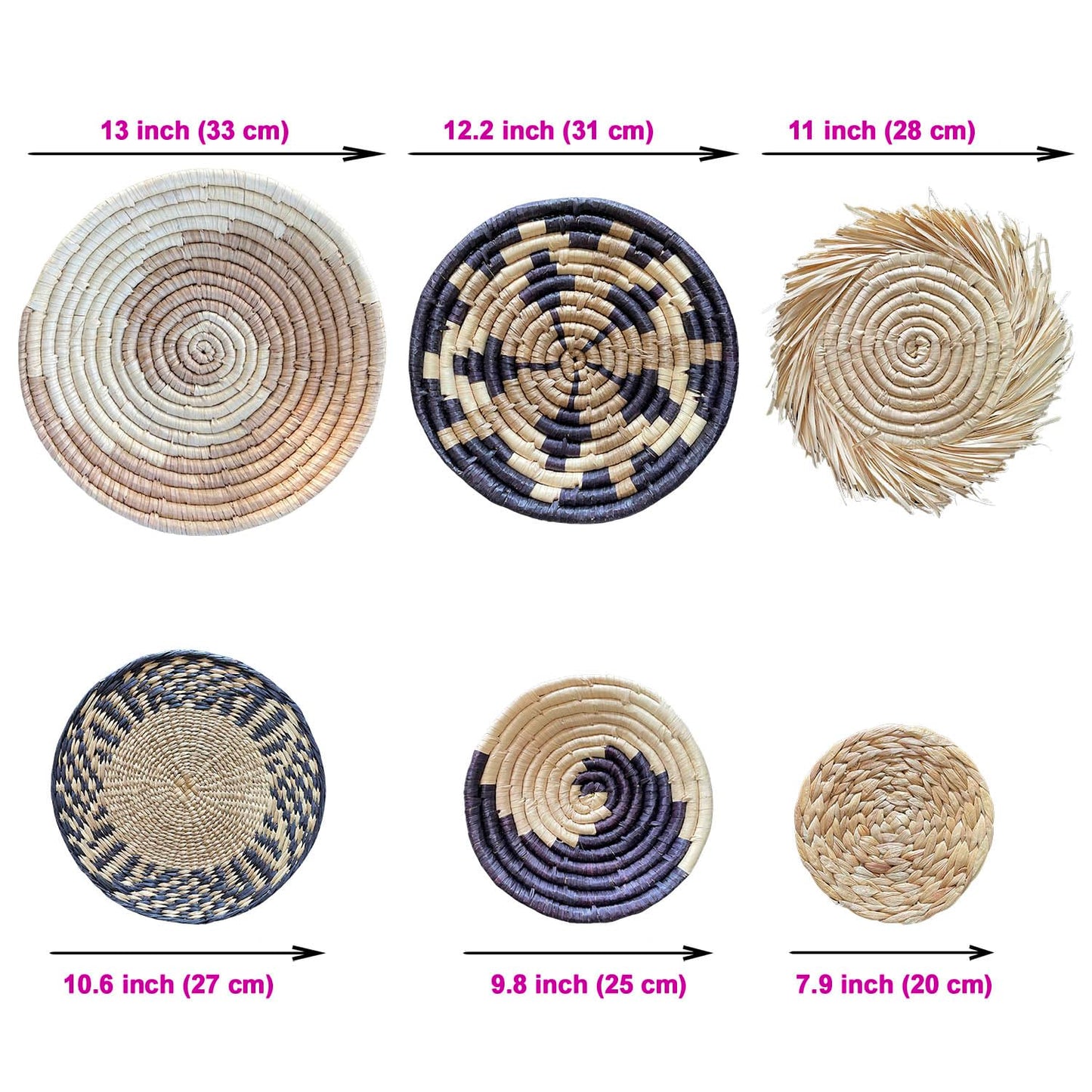 Laquedecraft Boho Round Handmade Wall Basket Decor | Woven Seagrass Rattan Wicker Wall Decor Hanging Rustic Flat Elegant Wall Art for Farmhouse Living Rooms Bedrooms Display Table Settings Kitchen Home (Bohemian, 6)