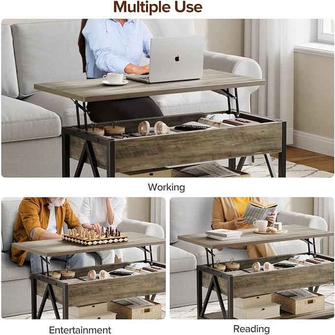 Memobarco Lift Top Coffee Table,Lift Coffee Table with Storage Shelf and Large Hidden Compartment for Living Room,Lifting top Coffee Tables for Small Space,Grey
