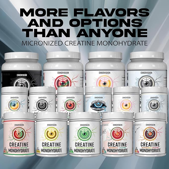 Ekkovision Creatine Monohydrate Powder, Micronized, Puckin' Blue Razz, Pre Workout & Post Workout Supplement for Men & Women, Energy Support, Easy to Mix in Shakes, Smoothies & Beverages, 50 Servings