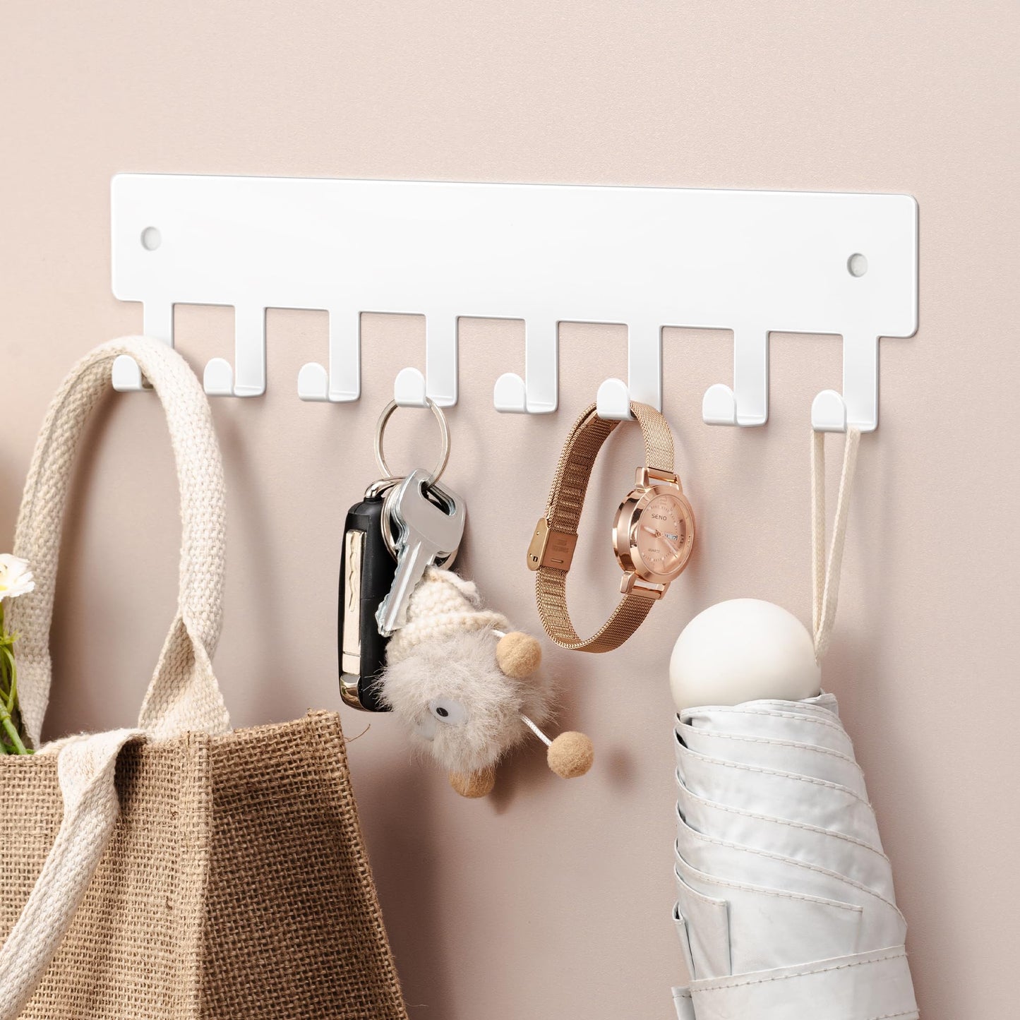 pickpiff Key Holder Wall Mount, Adhesive Key Rack with 8 Hooks Hanger for Car Key Ring, Metal Key Chain Organizer, White 1 Pack