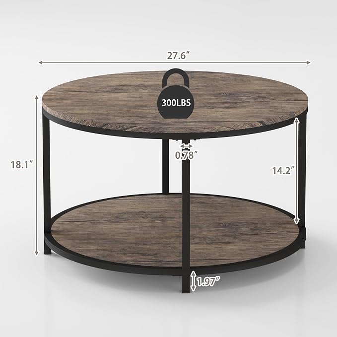 NSdirect Round Coffee Table, 27.5" Small Coffee Table for Living Room,2-Tier Rustic Wood Desktop with Storage Shelf Modern Design Home Furniture(Light Walnut)