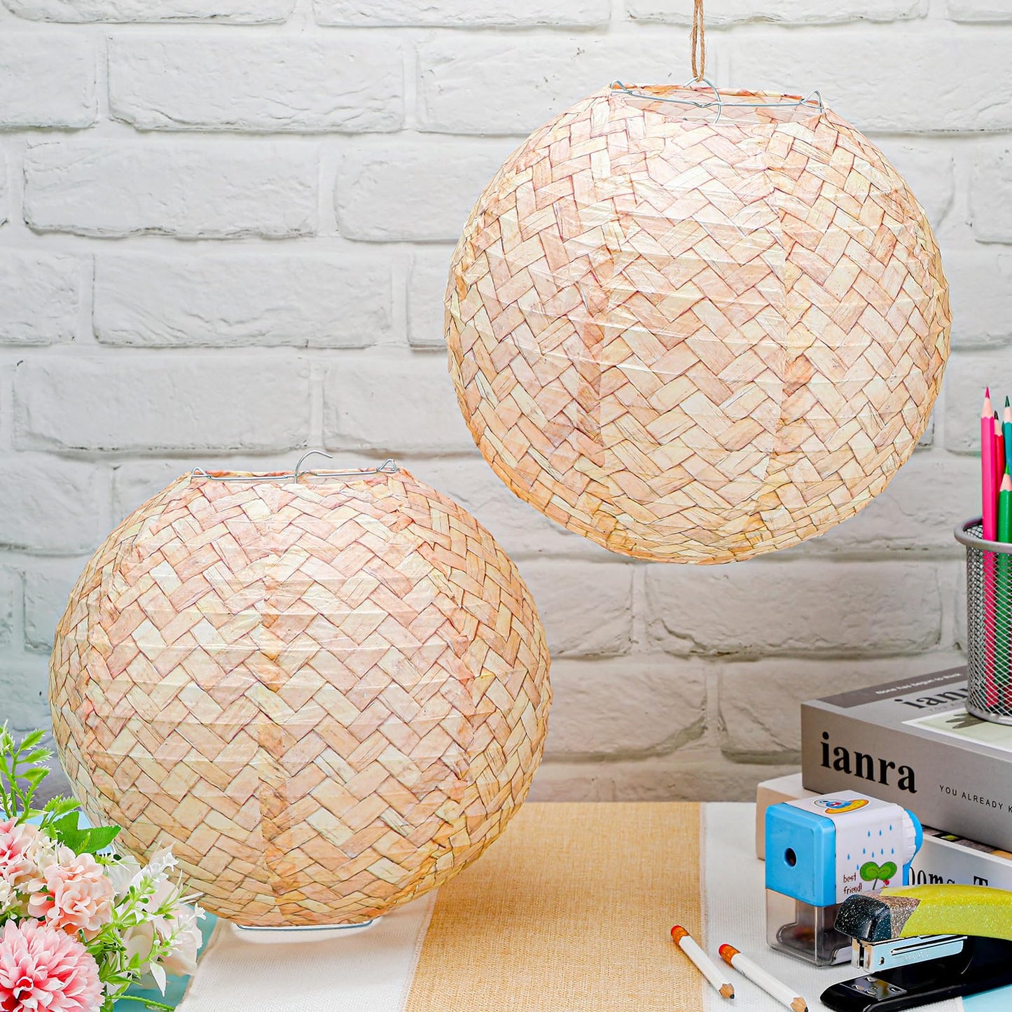 Retisee 12 Pcs Burlap Hanging Paper Lantern 10 Inch Back to School Decoration Boho Classroom Ceiling Decoration Chinese Party Decor for Birthday Wedding Bridal Baby Shower