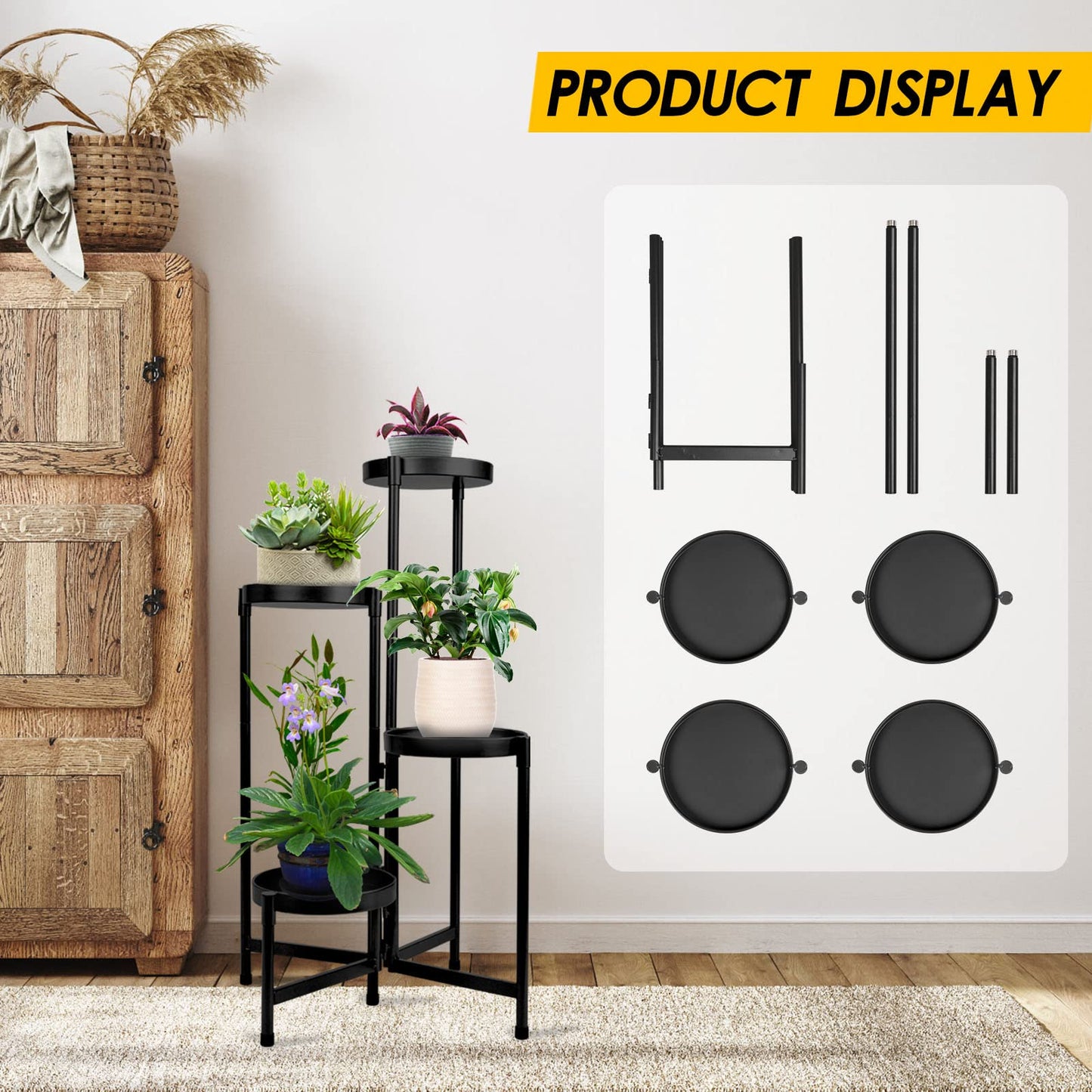 HOEGMST 4 Tier Plant Stand Indoor Outdoor, 31 Inch Tall Metal Plant Shelf Waterproof, Plant Holder with Folding Design For Home, Living Room, Black