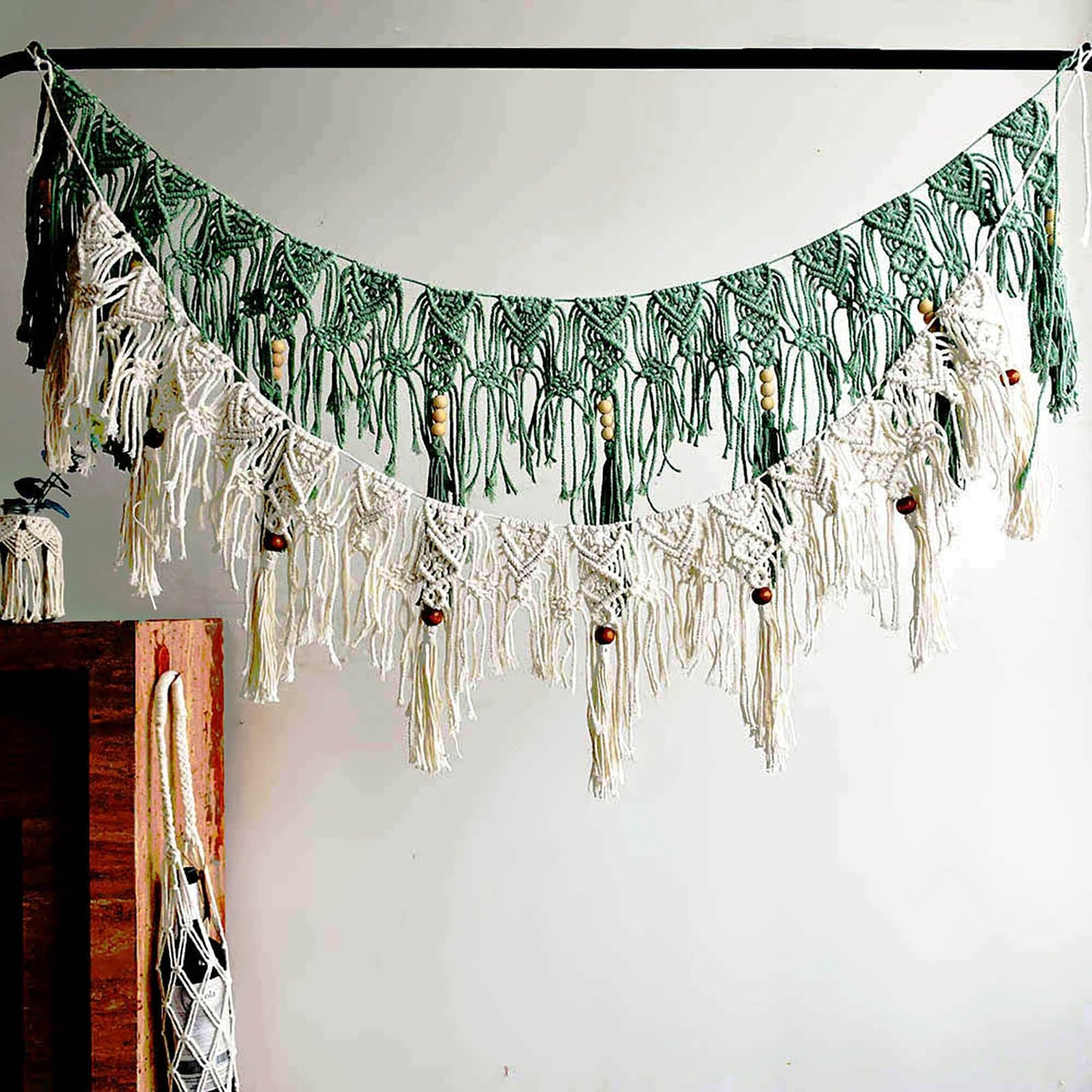 Macravine Macrame Wall Hanging Garland, Green and Cream, Bohemian Style with Wooden Beads, Handwoven Cotton Fringe Banner,44“X12.8” (Green)
