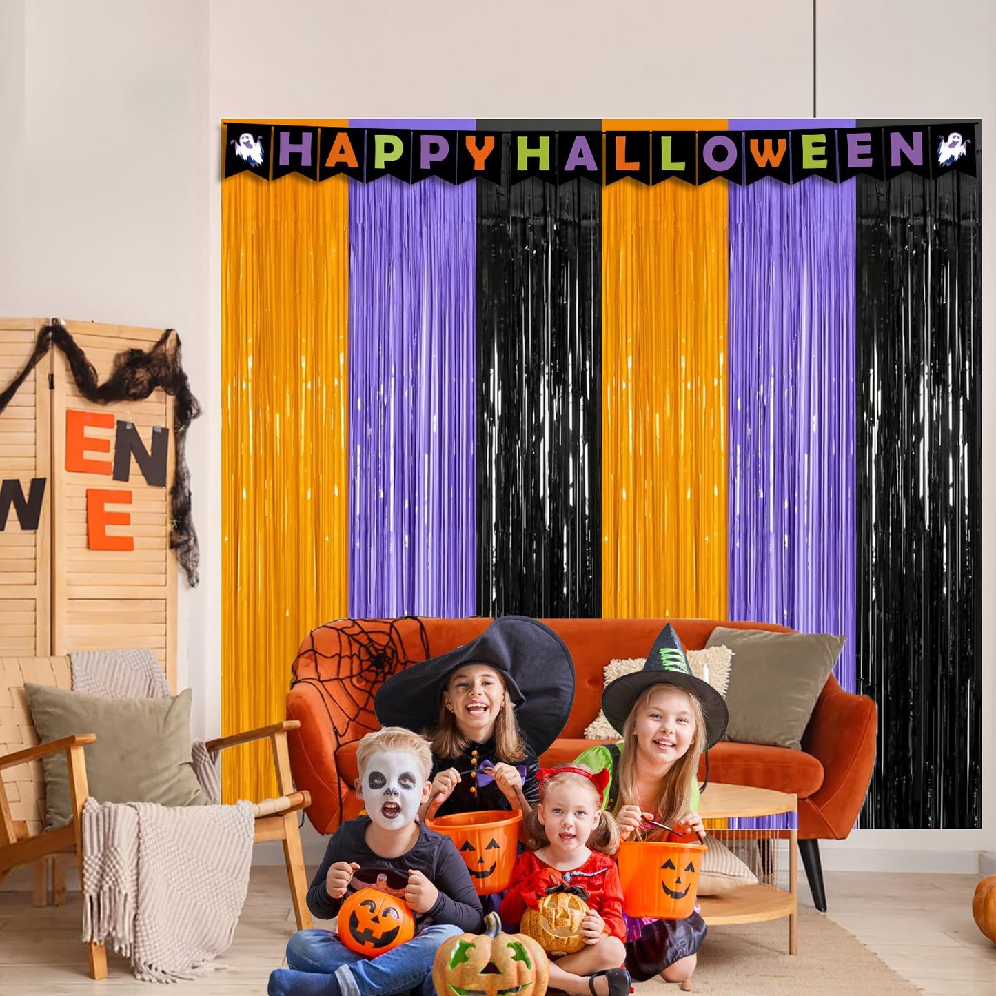 3 Packs 3.3ft x 6.6ft Orange Purple Black Metallic Tinsel Foil Fringe Curtains Photo Booth Props for Halloween Birthday Bridal Shower Baby Shower Bachelorette Holiday Celebration Party Decorations